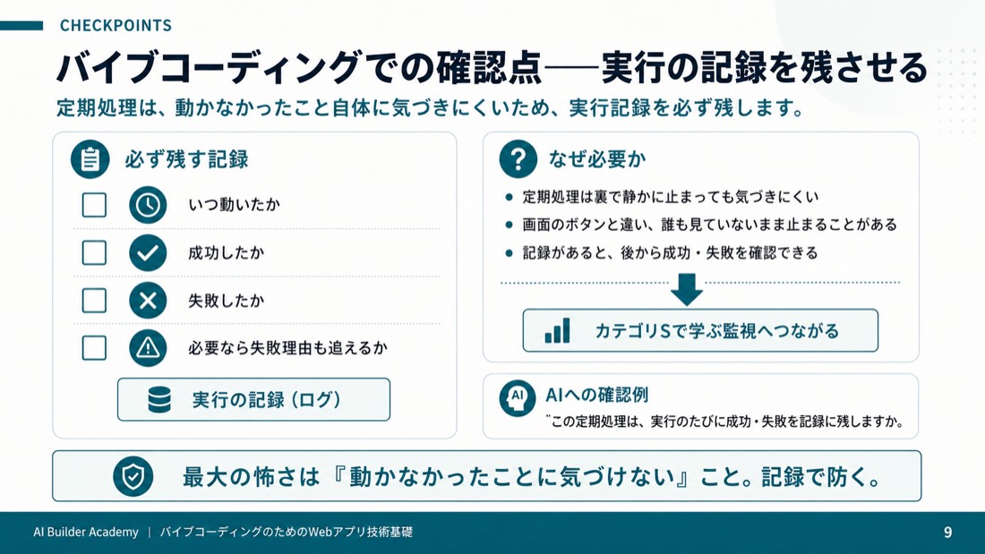 バイブコーディングでの確認点——実行の記録を残させる