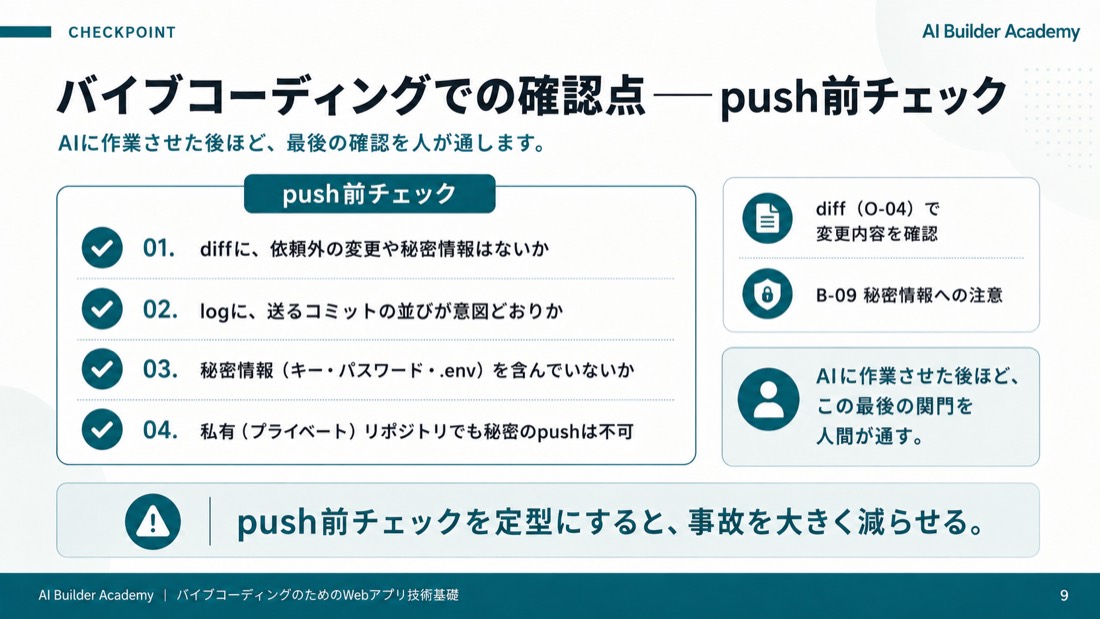 バイブコーディングでの確認点——push前チェック