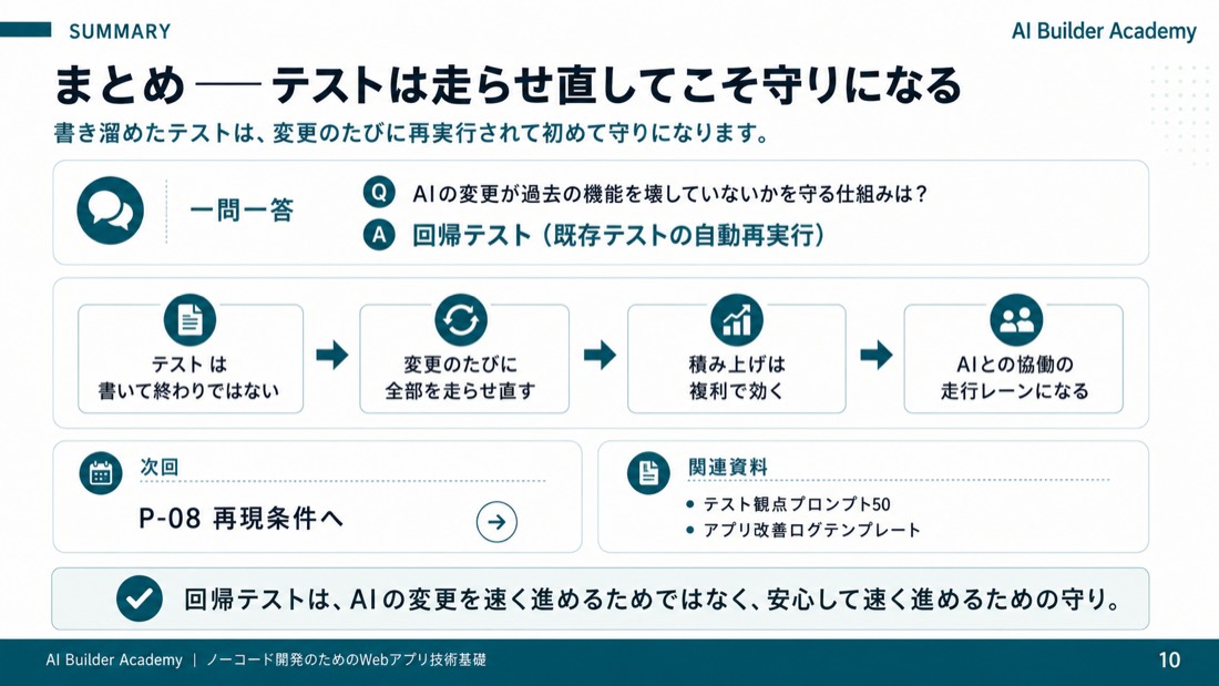 まとめ——テストは走らせ直してこそ守りになる